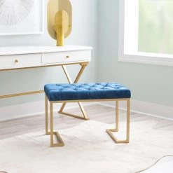 Kelli Blue Navy Upholstered Bench with Gold Metal Legs 18 in. H x 26 in. W x 16 in. D by Powell Company -Powell Company Shop blue powell company bedroom benches hd1665ab21 31 1000