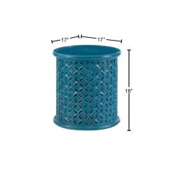 Elia 17 in. Blue 18 in. H Round Mango Wood Side Table with Hand-Carved Silhouette by Powell Company -Powell Company Shop blue powell company end side tables hd1800 40 1000