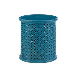 Elia 17 in. Blue 18 in. H Round Mango Wood Side Table with Hand-Carved Silhouette by Powell Company