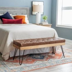 Baxter Brown Bench Faux Leather Bench with Metal Legs 18 in. H x 46 in. W x 16 in. D by Powell Company -Powell Company Shop brown powell company bedroom benches hd1662ab21 1f 1000