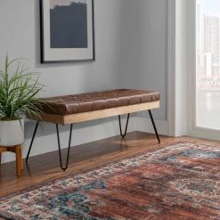 Baxter Brown Bench Faux Leather Bench with Metal Legs 18 in. H x 46 in. W x 16 in. D by Powell Company -Powell Company Shop brown powell company bedroom benches hd1662ab21 31 1000