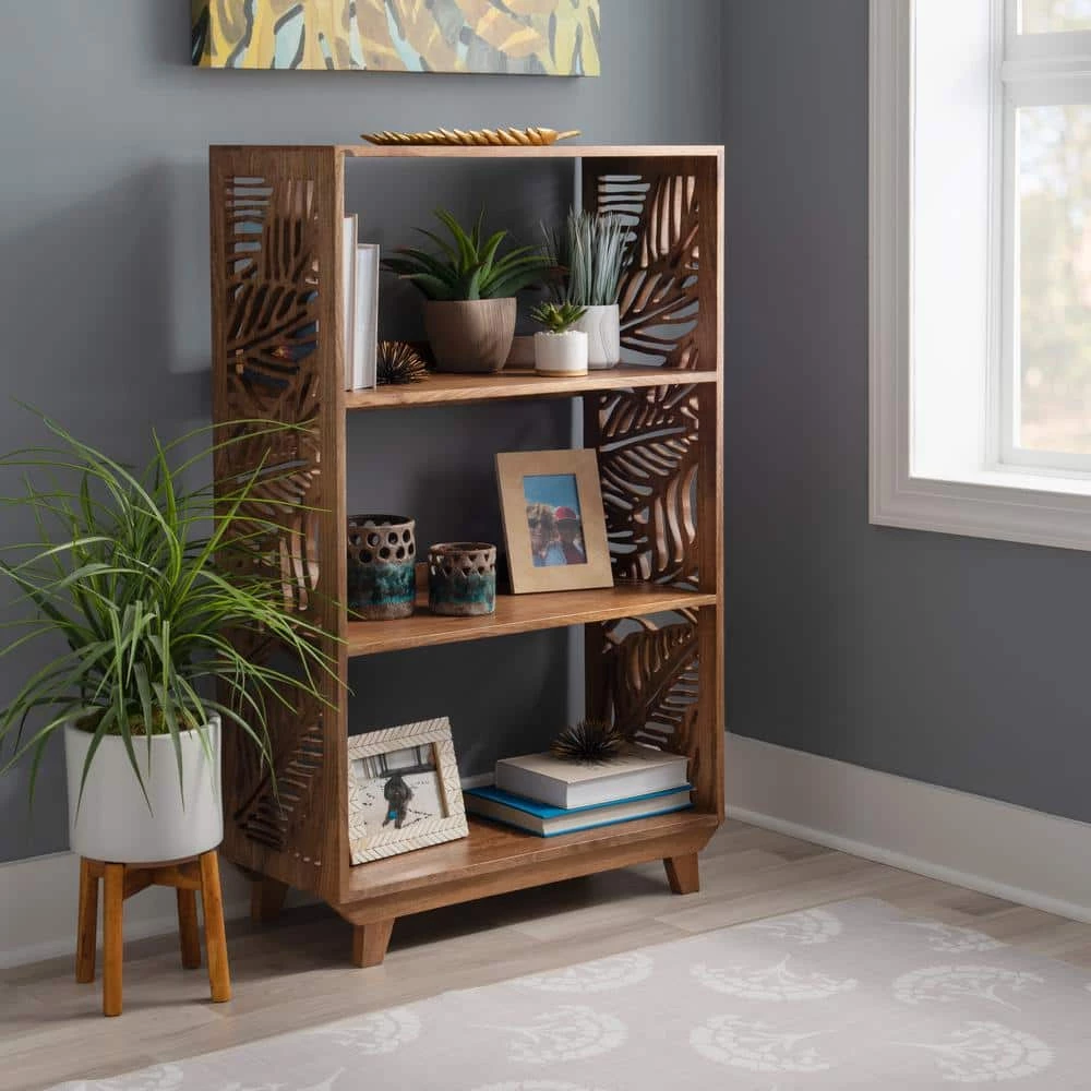 Lucy 45 in. H Natural Brown Mango Wood 3-Shelf Accent Bookcase with Palm Leaves Side Panels by Powell Company 6 Lucy 45 in. H Natural Brown Mango Wood 3-Shelf Accent Bookcase with Palm Leaves Side Panels by Powell Company - Image 5