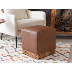 Murphy Brown Faux Leather Square Ottoman with Mangowood Base by Powell Company -Powell Company Shop brown powell company ottomans hd1614ao21 31 1000