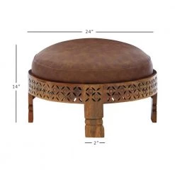 Murphy Brown Faux Leather Round Ottoman with Mangowood Base by Powell Company -Powell Company Shop brown powell company ottomans hd1615ao21 4f 1000