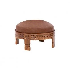 Murphy Brown Faux Leather Round Ottoman with Mangowood Base by Powell Company