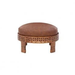 Murphy Brown Faux Leather Round Ottoman with Mangowood Base by Powell Company -Powell Company Shop brown powell company ottomans hd1615ao21 c3 1000