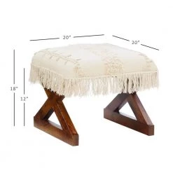 Nia Off White Tassel Ottoman with Brown Wood Base by Powell Company -Powell Company Shop brown powell company ottomans hd1620ao21 4f 1000