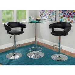 Martinez 3-Piece Round Glass Top Adjustable Chrome Base with Adjustable Black Faux Leather Barstool Bar Table Set by Powell Company -Powell Company Shop chrome powell company dining room sets hd16943pcset21 31 1000