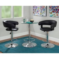 Martinez 3-Piece Round Glass Top Adjustable Chrome Base with Adjustable Black Faux Leather Barstool Bar Table Set by Powell Company -Powell Company Shop chrome powell company dining room sets hd16943pcset21 4f 1000