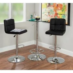 Smith 3-Piece Round Glass Top Adjustable Chrome Base with Adjustable Black Faux Leather Barstool Bar Table Set by Powell Company -Powell Company Shop chrome powell company dining room sets hd16993pcset21 1f 1000