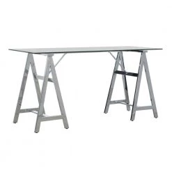 Brecken 57.87 in. Rectangle Chrome Metal No Drawers Computer Desk with Glass Top by Powell Company