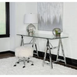 Brecken 57.87 in. Rectangle Chrome Metal No Drawers Computer Desk with Glass Top by Powell Company -Powell Company Shop chrome powell company writing desks hd1634d21 77 1000