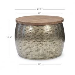 Wagner 27.5 in. Gold 18.5 in. Metal Hammered Drum Coffee Table with Storage and Wooden Lid by Powell Company -Powell Company Shop gold powell company coffee tables hd1646dts21lg 1f 1000