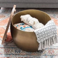 Wagner 27.5 in. Gold 18.5 in. Metal Hammered Drum Coffee Table with Storage and Wooden Lid by Powell Company -Powell Company Shop gold powell company coffee tables hd1646dts21lg 4f 1000