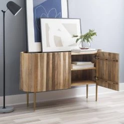 Charlee 52 in. W Natural 30.25 in. H Elliptical Solid Mango Wood Console Table with 2-Doors and 4-Shelves by Powell Company -Powell Company Shop gold powell company console tables hd1804 1f 1000