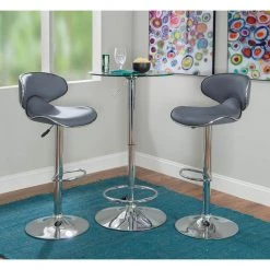 Nelson 3-Piece Round Glass Top Adjustable Chrome Base with Adjustable Grey Faux Leather Barstool Bar Table Set by Powell Company -Powell Company Shop grey powell company dining room sets hd16973pcset21 31 1000