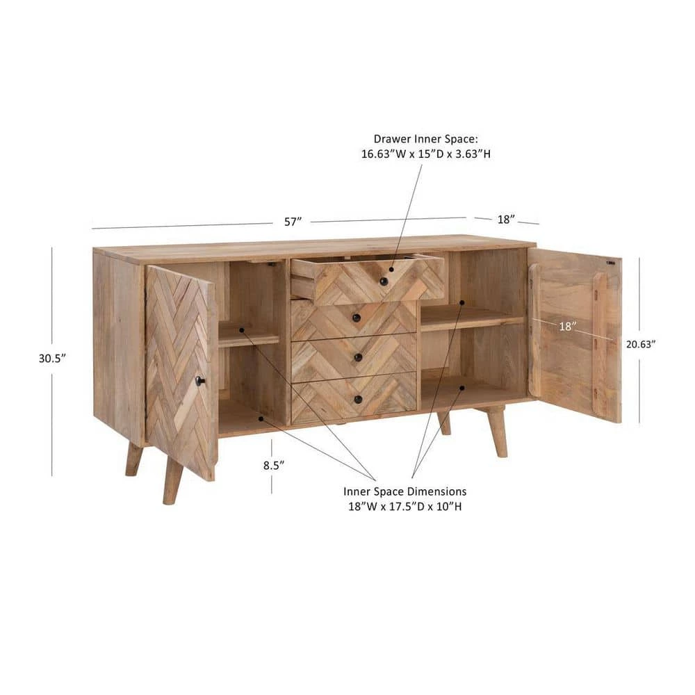 Delilah 57 in. Natural 30 in. H Rectangular Mango Wood Console Table with 2-Doors and 4-Drawers by Powell Company 5 Delilah 57 in. Natural 30 in. H Rectangular Mango Wood Console Table with 2-Doors and 4-Drawers by Powell Company - Image 3