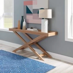 Hercules 63 in. W Natural 30.75 in. H 17 in. L Rectangular Glass Top Console Table with X Base by Powell Company -Powell Company Shop natural powell company console tables hd1775ct21 31 1000