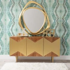 Kinsey 58 in. W Warm Wood Finish 30 in. H Rectangular Acacia Console Table with 3-Gold Door Panels and 4-Shelves by Powell Company -Powell Company Shop natural powell company console tables hd1807 1f 1000