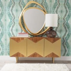 Kinsey 58 in. W Warm Wood Finish 30 in. H Rectangular Acacia Console Table with 3-Gold Door Panels and 4-Shelves by Powell Company -Powell Company Shop natural powell company console tables hd1807 31 1000