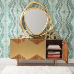 Kinsey 58 in. W Warm Wood Finish 30 in. H Rectangular Acacia Console Table with 3-Gold Door Panels and 4-Shelves by Powell Company -Powell Company Shop natural powell company console tables hd1807 44 1000