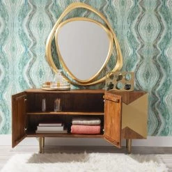 Kinsey 58 in. W Warm Wood Finish 30 in. H Rectangular Acacia Console Table with 3-Gold Door Panels and 4-Shelves by Powell Company -Powell Company Shop natural powell company console tables hd1807 77 1000