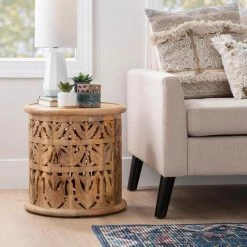 Serena 17 in. Wide Natural 17 in. High Solid Mango Wood Side Table with Hand Carved Wood by Powell Company -Powell Company Shop natural powell company end side tables hd1706st21 31 1000