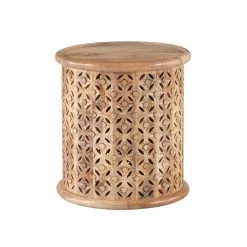 Elia 17 in. Natural 18 in. H Round Hand-Carved Mango Wood End Table by Powell Company