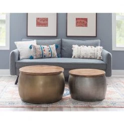 Wagner 22.5 in. Silver 16 in. Metal Hammered Drum Coffee Table with Storage and Wooden Lid by Powell Company -Powell Company Shop silver powell company coffee tables hd1645dts21ss 1f 1000