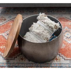 Wagner 22.5 in. Silver 16 in. Metal Hammered Drum Coffee Table with Storage and Wooden Lid by Powell Company -Powell Company Shop silver powell company coffee tables hd1645dts21ss 77 1000