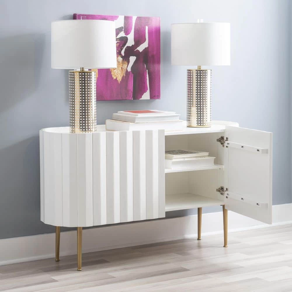 Charlee 52 in. W White 30.25 in. H Elliptical Solid Mango Wood Console Table with 2-Doors and 4-Shelves by Powell Company 9 Charlee 52 in. W White 30.25 in. H Elliptical Solid Mango Wood Console Table with 2-Doors and 4-Shelves by Powell Company - Image 7