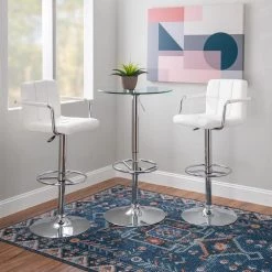 Smith 3-Piece Round Glass Top Adjustable Chrome Base with Adjustable White Faux Leather Barstool Bar Table Set by Powell Company -Powell Company Shop white powell company dining room sets hd17003pcset21 31 1000