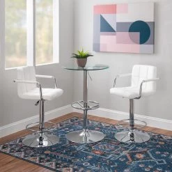 Smith 3-Piece Round Glass Top Adjustable Chrome Base with Adjustable White Faux Leather Barstool Bar Table Set by Powell Company -Powell Company Shop white powell company dining room sets hd17003pcset21 4f 1000